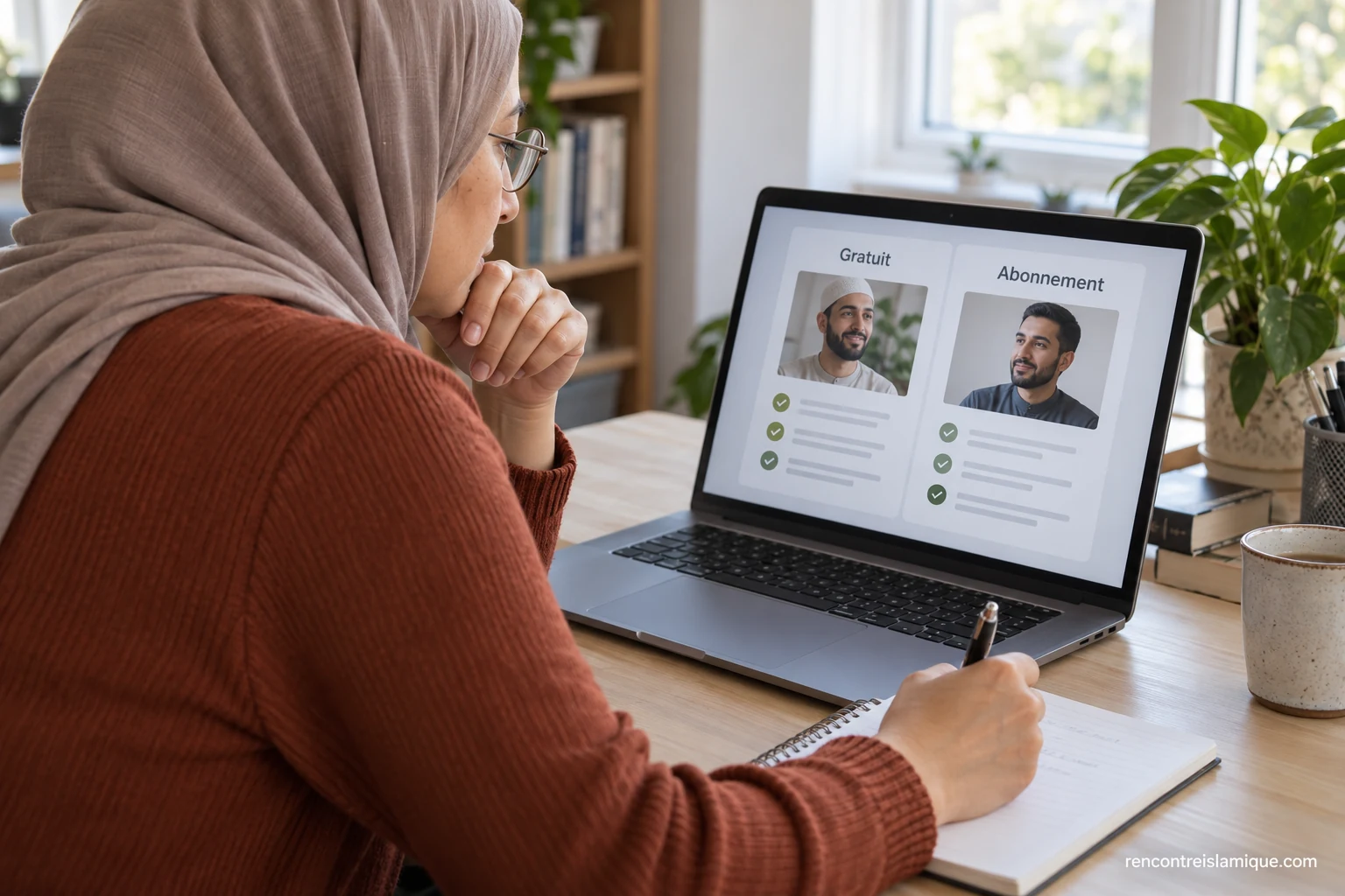 Une utilisatrice compare des informations sur une interface fictive, sans marque de plateforme.