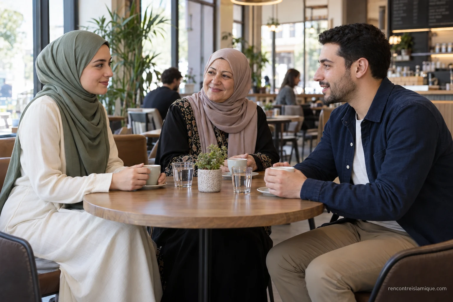 Une femme, un homme et une accompagnatrice discutent à une table ronde dans un café.