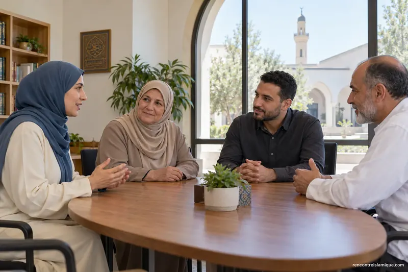 Des adultes se réunissent dans une salle attenante à une mosquée.