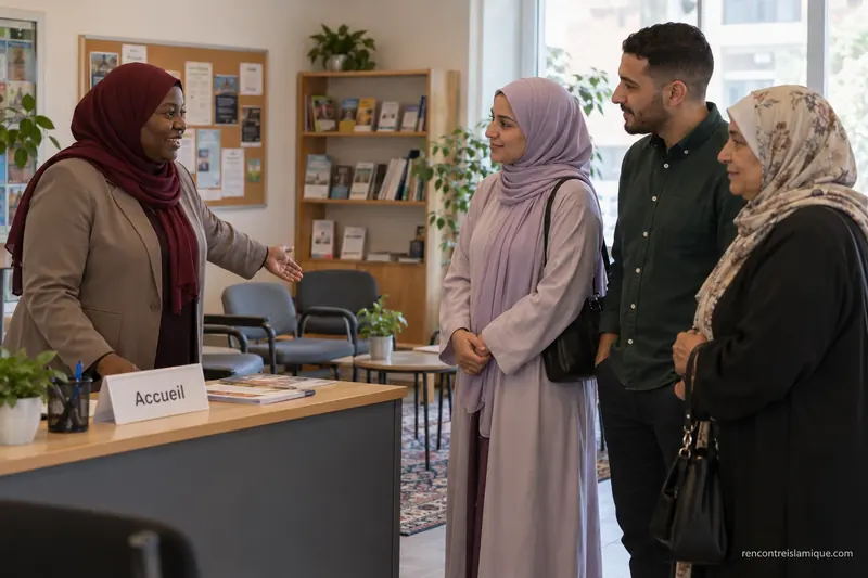 À l’accueil d’une association, une bénévole oriente une jeune femme, un jeune homme et une proche.