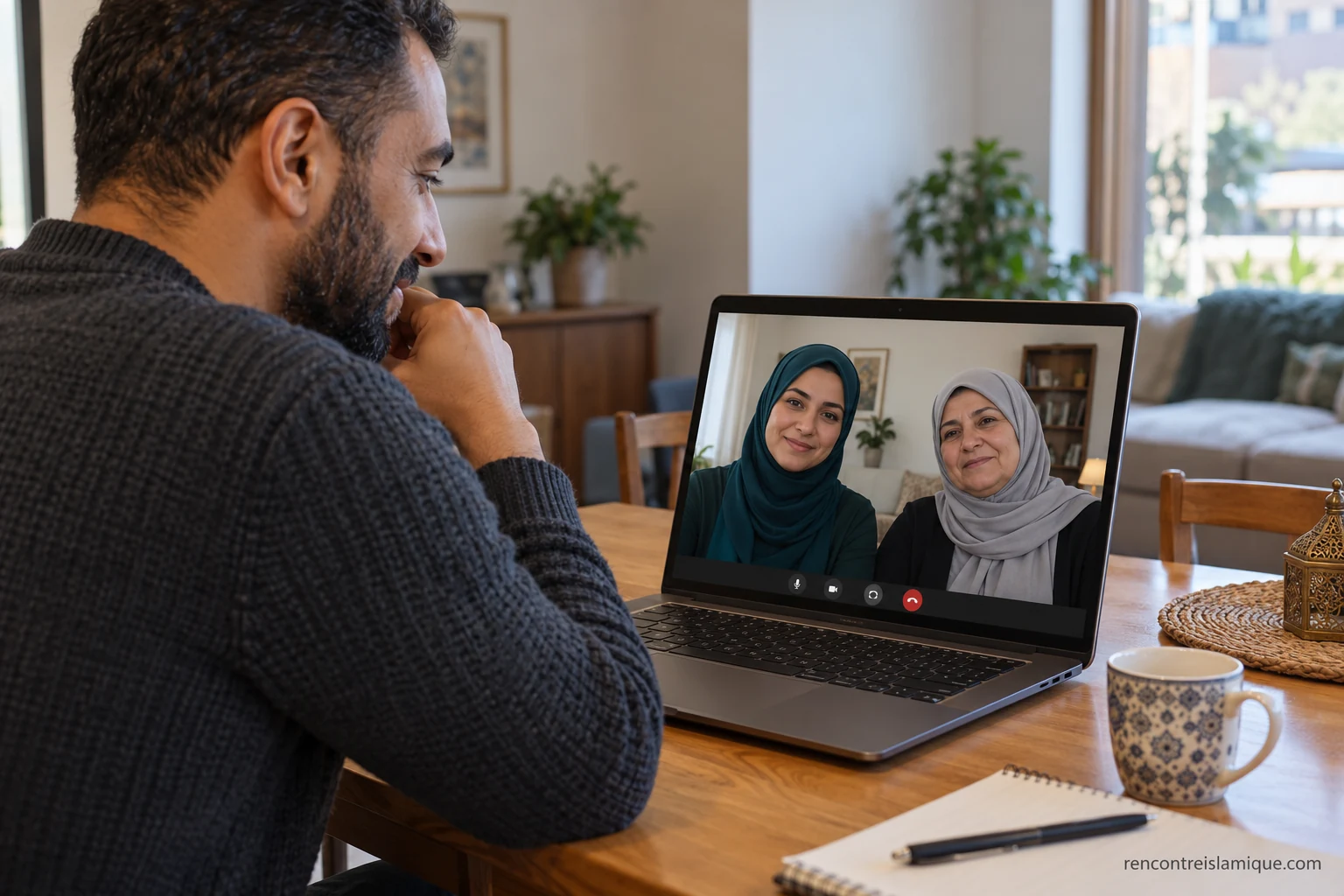 Un homme échange en visioconférence avec une femme accompagnée de sa mère.