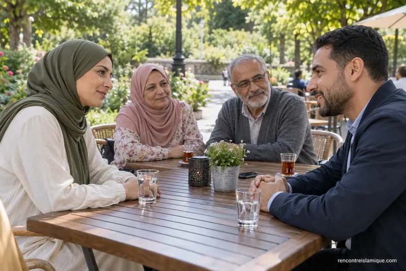Deux adultes discutent autour d’une table de jardin avec des proches présents.