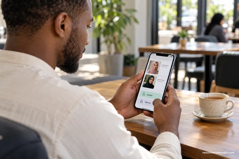 Un adulte consulte une application illustrative sur son smartphone à une table de café.