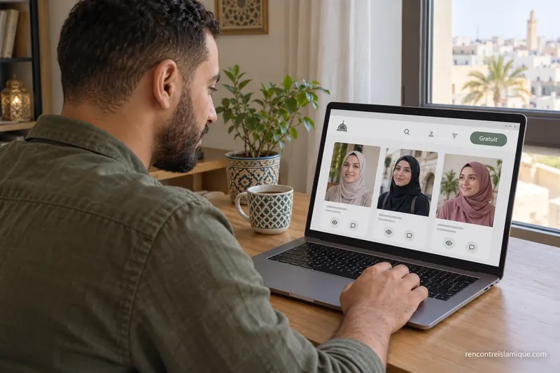 Un homme consulte une plateforme matrimoniale illustrative affichant une formule gratuite.