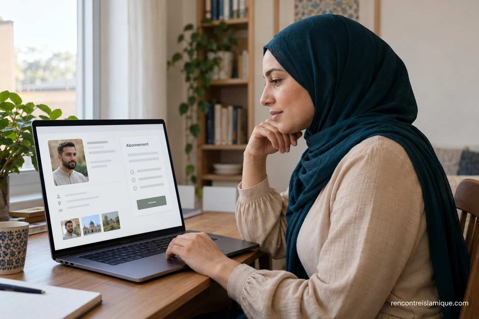 Une femme examine sur son ordinateur un écran fictif présentant un abonnement.
